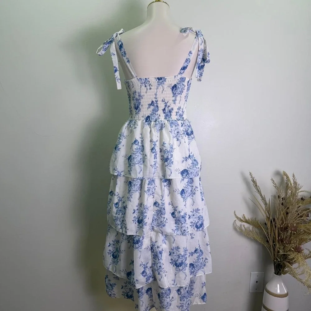 Crystal Doll Blue White Floral Tie-Strap Tiered Midi Dress - Size Medium - Picture 4 of 8
